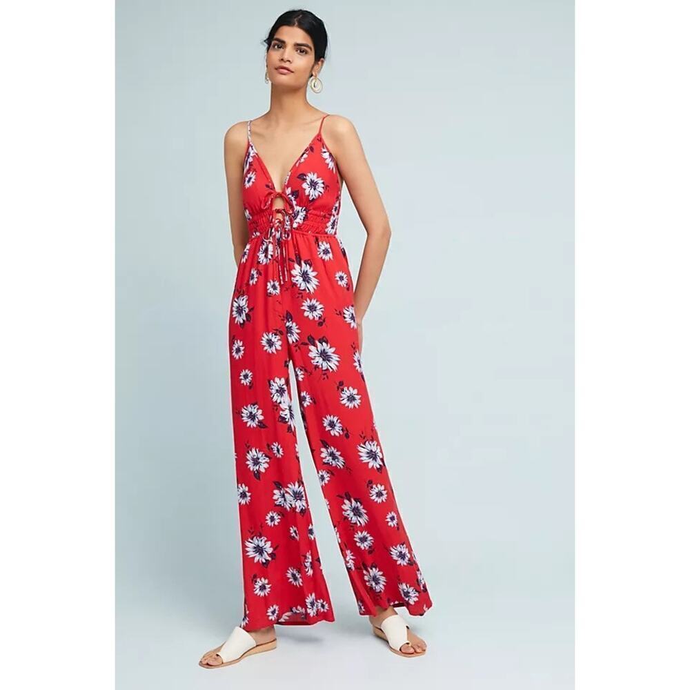 Yumi Kim red Janice floral sleeveless wide leg jumpsuit size xs summer v neck